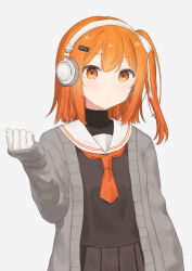 Rule 34 | 1girl, a.i. voice, adachi rei, adapted costume, black undershirt, brown serafuku, cardigan, clenched hand, closed mouth, commentary request, computer chip, gloves, grey cardigan, hair ornament, hair ribbon, hairclip, hand up, headphones, highres, kirima (zs at ), light blush, looking at viewer, medium hair, neckerchief, one side up, open cardigan, open clothes, orange eyes, orange neckerchief, pleated skirt, raised eyebrows, ribbon, sailor collar, school uniform, serafuku, simple background, skirt, sleeves past wrists, solo, turtleneck, upper body, utau, white background, white gloves, white ribbon, white sailor collar