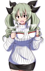 Rule 34 | 1girl, anchovy (girls und panzer), black ribbon, black skirt, casual, coffee cup, commentary, cowboy shot, cup, disposable cup, drill hair, girls und panzer, green hair, hair ribbon, highres, holding, holding cup, long hair, long sleeves, looking at viewer, meiya, miniskirt, open mouth, red eyes, ribbed sweater, ribbon, shadow, simple background, skirt, smile, solo, standing, steam, sweater, turtleneck, turtleneck sweater, twin drills, twintails, white background, white sweater