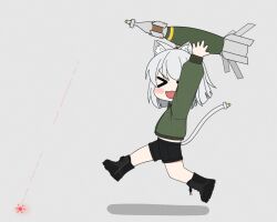 Rule 34 | &gt; &lt;, 1girl, animal ear fluff, arms up, atamonica, black footwear, black shorts, bomb, cat girl, check weapon, closed eyes, explosive, fang, gbu-12 paveway ii, green shirt, grey background, grey hair, holding, holding bomb, laser pointer, looking to the side, open mouth, original, running, shadow, shirt, shorts, simple background, solo, tail