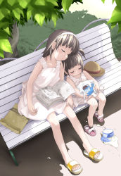 Rule 34 | 2girls, bag, bench, blush, book, child, dress, closed eyes, feet, food, from above, grey hair, hairband, hat, ice cream, kikurage (crayon arts), leaf, manga (object), melting, multiple girls, original, outdoors, sandals, shoe dangle, shoes, short hair, short twintails, single shoe, sleeping, spill, straw hat, sundress, twintails