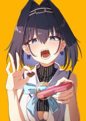 Rule 34 | 1girl, absurdres, black hair, blue bow, blue bowtie, blue eyes, blush, bow, bow earrings, bowtie, breasts, chain, chocolate, cleavage, earrings, food, hair between eyes, hair intakes, hands up, heart, highres, holding, holding chocolate, holding food, holding heart, hololive, hololive english, jewelry, jl tan, large breasts, looking at viewer, open mouth, ouro kronii, shirt, short hair, sleeveless, sleeveless shirt, solo, teeth, upper body, virtual youtuber, white shirt