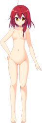 Rule 34 | 1girl, absurdres, ahoge, artist request, barefoot, blush, breasts, choker, completely nude, copyright request, full body, gluteal fold, hair ornament, hand on own hip, highres, looking at viewer, navel, no nipples, no pussy, nude, red hair, small breasts, smile, solo, transparent background, x hair ornament, yellow eyes