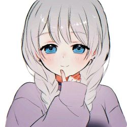 Rule 34 | 1girl, bang dream!, blue eyes, braid, dochan (user nnpz5587), finger to own chin, grey hair, hand up, looking at viewer, medium hair, nail polish, sketch, sleeves past wrists, smile, solo, sweater, twin braids, upper body, wakamiya eve, white background