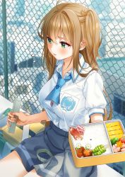 Rule 34 | 1girl, ahoge, bandaid, bandaid on arm, bento, blue neckwear, blurry, blurry background, blush, bra, brown hair, button gap, chain-link fence, chopsticks, collared shirt, commentary request, dress shirt, fence, food, green eyes, grey skirt, hair between eyes, highres, lunchbox, miniskirt, open mouth, original, outdoors, rice, rooftop, school, school uniform, shirt, shirt tucked in, short sleeves, sitting, skirt, thighs, tsundere, two side up, underwear, unjem, white shirt