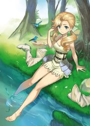 Rule 34 | 1girl, animal, armor, bare legs, barefoot, bird, blonde hair, blue eyes, boots, unworn boots, dress, feet, forest, grand kingdom, grass, green eyes, legs, lillia sforza, long hair, nature, official art, river, shoes, unworn shoes, solo, toes, twintails, water
