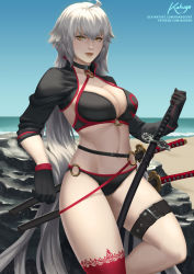 Rule 34 | 1girl, absurdly long hair, ahoge, asymmetrical legwear, beach, bikini, black bikini, black gloves, blue sky, breasts, cleavage, fate/grand order, fate (series), gloves, hair between eyes, highres, holding, holding sword, holding weapon, jeanne d&#039;arc alter (swimsuit berserker) (fate), jeanne d&#039;arc (fate), jeanne d&#039;arc alter (fate), kakugo, katana, large breasts, long hair, long sleeves, navel, o-ring, o-ring bikini, o-ring bottom, o-ring top, ocean, open mouth, puffy long sleeves, puffy sleeves, red thighhighs, rock, sheath, shrug (clothing), silver hair, single thighhigh, sky, smile, solo, strappy heels, swimsuit, sword, thigh strap, thighhighs, uneven legwear, very long hair, weapon, yellow eyes
