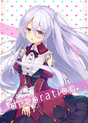 Rule 34 | 1girl, absurdres, bow, breasts, chestnut mouth, detached sleeves, gradient eyes, highres, long hair, looking at viewer, md5 mismatch, medium breasts, multicolored eyes, nyori, original, parted lips, patterned background, resolution mismatch, side ponytail, silver hair, solo, source smaller, text focus, v arms, very long hair, wind