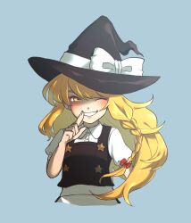 Rule 34 | 1girl, absurdres, apron, black hat, black vest, blonde hair, blue background, blush, bow, braid, commentary request, cookie (touhou), cowboy shot, cropped legs, finger to mouth, fingernails, flat chest, grin, hair bow, hat, hat bow, highres, kirisame marisa, long hair, looking at viewer, medium bangs, one eye closed, puffy short sleeves, puffy sleeves, red bow, s (esumi kihomaru), shaded face, shirt, short sleeves, simple background, single braid, smile, solo, suzu (cookie), touhou, unusually open eyes, vest, waist apron, white apron, white bow, white shirt, witch hat, yellow eyes