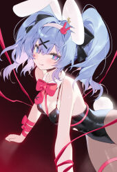 Rule 34 | 1girl, absurdres, animal ears, bdsm, black bow, blue eyes, blue hair, bondage, bound, bow, bowtie, breasts, hair ornament, hairband, hatsune miku, heart, heart-shaped pupils, highres, leotard, light blush, looking at viewer, playboy bunny, rabbit ears, rabbit hole (vocaloid), rabbit tail, red bow, red bowtie, red ribbon, ribbon, ribbon bondage, seoji, short twintails, small breasts, symbol-shaped pupils, tail, tongue, tongue out, twintails, vocaloid, white hairband, x hair ornament
