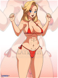 Rule 34 | 1girl, bikini, blonde hair, blue eyes, breasts, cleavage, f-zero, grin, layerth, monique l&#039;amoreaux, navel, nintendo, smile, standing, swimsuit, tagme