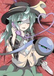 Rule 34 | 1girl, blouse, blush, bright pupils, commentary request, cowboy shot, eyeball, frills, green eyes, green hair, green skirt, hat, heart, heart of string, holding, holding knife, holding phone, kakineko, knife, komeiji koishi, long hair, looking at viewer, one eye closed, open mouth, phone, red background, shirt, simple background, skirt, solo, third eye, touhou, white pupils, wide sleeves, yellow shirt
