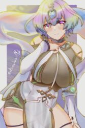 Rule 34 | 1girl, ahoge, bare shoulders, blush, breasts, choker, fire emblem, fire emblem heroes, green hair, hand on own chest, highres, jewelry, large breasts, looking at viewer, multicolored hair, nintendo, pelvic curtain, purple eyes, purple hair, rotomdocs, seidr (fire emblem), shawl, short hair, skindentation, smile, solo, thigh strap, thighs, two-tone hair