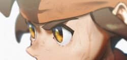 Rule 34 | 1boy, blurry, brown hair, close-up, commentary, depth of field, endou mamoru, eye focus, eye reflection, floating hair, gouenji shuuya, headband, highres, inazuma eleven (series), injury, looking ahead, male focus, omisotayan, portrait, reflection, scratches, short hair, simple background, solo, sweat, symbol-only commentary, white background