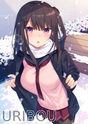 Rule 34 | 1girl, :o, bekotarou, black coat, black pantyhose, breasts, breath, brown hair, coat, cowboy shot, highres, long hair, long sleeves, looking at viewer, medium breasts, miniskirt, necktie, one side up, open clothes, open coat, open mouth, original, outdoors, pantyhose, pink shirt, pleated skirt, purple eyes, red skirt, sailor collar, scarf, school uniform, shirt, skirt, snow, snowing, solo, standing
