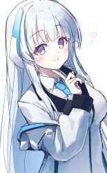 Rule 34 | 1girl, absurdres, blue archive, blue necktie, blush, closed mouth, collared shirt, commentary request, formal, grey hair, halo, heart, highres, id card, jacket, long hair, looking at viewer, matsushika, mechanical halo, necktie, noa (blue archive), open clothes, open jacket, purple eyes, shirt, sidelocks, simple background, skirt, smile, solo, suit, two-sided fabric, two-sided jacket, upper body, very long hair, white background, white jacket, white shirt, white skirt, white suit