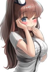 Rule 34 | 10s, 1girl, anchor, ao iro, ascot, breast pocket, brown hair, dress, finger in own mouth, grey eyes, hair between eyes, highres, kantai collection, long hair, looking at viewer, pocket, ponytail, red ascot, saratoga (kancolle), side ponytail, sidelocks, simple background, solo, upper body, white background, white dress