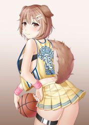 Rule 34 | 1girl, absurdres, animal ears, artist request, ass, bare shoulders, basketball, blush, breasts, brown eyes, brown hair, dog ears, dog tail, from behind, hair ornament, hairclip, highres, hololive, inugami korone, jersey, jfzm001, large breasts, looking at viewer, looking back, shiny clothes, shiny skin, short hair, sideboob, skirt, smile, solo, sports bra, tail, thigh strap, virtual youtuber, wristband