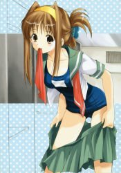 Rule 34 | 1girl, absurdres, azuma yuki, brown eyes, brown hair, clothes pull, hair ornament, hairband, hairclip, highres, leaning forward, locker, locker room, mouth hold, one-piece swimsuit, open clothes, open shirt, original, school swimsuit, school uniform, shirt, skirt, skirt pull, solo, swimsuit, swimsuit under clothes, undressing