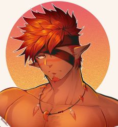 Rule 34 | 1boy, bara, chest hair, cropped shoulders, dark-skinned male, dark skin, eyepatch, facial hair, facial mark, feather necklace, goatee, highres, jewelry, large pectorals, long sideburns, magatama, magatama necklace, male focus, mature male, muscular, muscular male, necklace, orange eyes, orange hair, pectorals, pointy ears, red tribe (housamo), short hair, sideburns, solo, tokyo houkago summoners, touoh