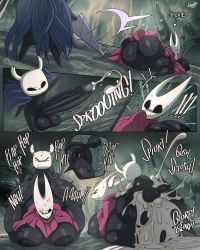 Rule 34 | 1boy, 1girl, absurdres, angry, black skin, breasts, cape, closed eyes, colored skin, cum, cum inflation, cum on body, cum on lower body, cum on stomach, defeat, doggystyle, english text, excessive cum, hetero, highres, holding, holding weapon, hollow knight, hornet (hollow knight), horns, huge penis, huge testicles, inflation, joao pereira, knight (hollow knight), large breasts, large penis, nipples, one eye closed, penis, red cape, sex, sex from behind, size difference, surprised, testicles, veins, veiny penis, weapon