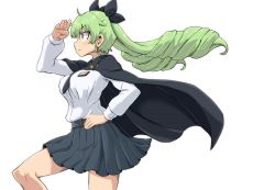 Rule 34 | 1girl, anchovy (girls und panzer), anzio school uniform, aono3, belt, black belt, black cape, black necktie, black ribbon, black skirt, cape, closed mouth, commentary, cowboy shot, dress shirt, drill hair, emblem, foot up, frown, girls und panzer, green hair, hair ribbon, hand on own hip, long hair, long sleeves, looking to the side, miniskirt, necktie, no legwear, pleated skirt, red eyes, ribbon, school uniform, shading eyes, shirt, simple background, skirt, solo, standing, twin drills, twintails, white background, white shirt, wind