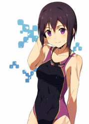 Rule 34 | 1girl, competition swimsuit, goggles, goggles around neck, kinta (distortion), looking at viewer, one-piece swimsuit, original, purple eyes, short hair, smile, solo, swimsuit, wet, wet hair
