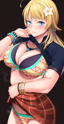 Rule 34 | 1girl, ahoge, bikini, bikini under clothes, blonde hair, blue eyes, blue shirt, blush, bracelet, breasts, cleavage, clothes lift, flower, hachimiya meguru, hair flower, hair ornament, idolmaster, idolmaster shiny colors, jewelry, kasappi, large breasts, long hair, low twintails, necklace, pendant, polo shirt, red skirt, shirt, shirt lift, short sleeves, skirt, swimsuit, twintails, yellow bikini