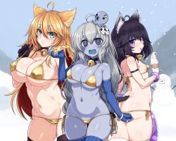 Rule 34 | 3girls, ahoge, animal ears, antenna hair, armband, ass, back, bare shoulders, bell, bikini, black armband, black eyes, black gloves, black hair, black thighhighs, blonde hair, blue eyes, blue gloves, blue skin, blue thighhighs, blush, breasts, cat ears, cat tail, character request, closed mouth, collar, colored skin, cowboy shot, day, elbow gloves, fang, fingerless gloves, food, from behind, gloves, gold bikini, grey hair, hair between eyes, hair ornament, holding, holding food, holding pizza, ice cream, ice cream cone, indie virtual youtuber, jingle bell, large breasts, long hair, looking at viewer, lowleg, lowleg bikini, multiple girls, navel, neck bell, octopus, pizza, pizza slice, purple eyes, sankasya img, side-tie bikini bottom, skull hair ornament, sky, small breasts, smile, snowing, snowman, swimsuit, tail, thighhighs, thighs, tongue, tongue out, umaway, underboob, very long hair, virtual youtuber, wet, white gloves, white thighhighs