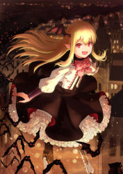 Rule 34 | 1girl, :d, animal, bat (animal), bat wings, black skirt, blonde hair, boots, bow, cityscape, commentary request, flower, flying, full body, granblue fantasy, hair between eyes, head wings, knee boots, long hair, long sleeves, looking at viewer, open mouth, outdoors, petticoat, pink bow, pink flower, pink rose, puffy long sleeves, puffy sleeves, red eyes, rose, shingeki no bahamut, shirt, skirt, smile, solo, vampy, very long hair, wasabi60, white footwear, white shirt, wings