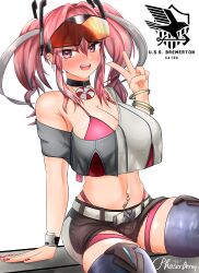 Rule 34 | 1girl, :d, absurdres, arm support, aviator sunglasses, azur lane, belt, bikini, bikini under clothes, black choker, black shorts, blue thighhighs, bracelet, breasts, bremerton (azur lane), character name, choker, cleavage, commentary, crop top, crop top overhang, cutoffs, eagle union (emblem), ear piercing, eyewear on head, fangs, grey belt, grey hair, grey shirt, hair between eyes, hair intakes, hair ornament, highleg, highleg bikini, highres, jewelry, large breasts, lifebuoy ornament, long hair, looking at viewer, midriff, mole, mole on breast, mole under eye, multicolored hair, navel, navel piercing, no coat, off shoulder, open mouth, phaser array, piercing, pink bikini, pink eyes, pink hair, pink nails, red-tinted eyewear, shirt, short shorts, short sleeves, shorts, sidelocks, signature, simple background, single bare shoulder, sitting, skindentation, smile, solo, streaked hair, sunglasses, swimsuit, teeth, thigh strap, thighhighs, tinted eyewear, twintails, two-tone hair, two-tone shirt, upper teeth only, v, white background