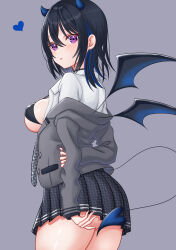 Rule 34 | 1girl, :p, absurdres, arm behind back, ass, bikini, black bikini, black collar, black hair, blazer, blue hair, blue heart, blue horns, blue tail, blue wings, blush, breasts, collar, covered erect nipples, demon girl, demon horns, demon tail, demon wings, earrings, from side, gradient horns, gradient tail, gradient wings, grey background, grey jacket, grey necktie, grey skirt, hair between eyes, haruo860, heart, highres, horns, houndstooth, ichinose uruha, ichinose uruha (6th costume), jacket, jewelry, long sleeves, looking at viewer, looking back, medium breasts, micro bikini, microskirt, mini wings, multicolored hair, multicolored horns, multicolored wings, necktie, off shoulder, open clothes, open jacket, pleated skirt, print necktie, purple eyes, shirt, sideboob, simple background, skirt, solo, strap gap, streaked hair, swimsuit, tail, tail censor, tongue, tongue out, virtual youtuber, vspo!, white shirt, wings, wolf cut