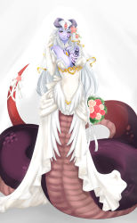 Rule 34 | 1girl, absurdres, alipheese fateburn xvi, bare shoulders, blush, bouquet, breasts, bride, cleavage, colored skin, detached collar, dress, earrings, elbow gloves, flower, full body, gloves, hair flower, hair ornament, highres, horns, huge breasts, jewelry, jing li, lamia, long hair, mon-musu quest!, monster girl, purple skin, ribbon, scales, simple background, single earring, sleeveless, sleeveless dress, slit pupils, smile, solo, tail, tail flower, tail ornament, tail ribbon, tattoo, very long hair, wedding dress, white background, white hair, yellow eyes