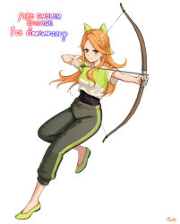 Rule 34 | 1girl, absurdres, aiming, anniversary, arrow (projectile), black shirt, bow, bow (weapon), crop top, etie (fire emblem), fire emblem, fire emblem engage, full body, green bow, green eyes, green footwear, green shirt, highres, holding, holding arrow, holding bow (weapon), holding weapon, nintendo, orange hair, ricky (haye4843), shirt, solo, swept bangs, training outfit (fire emblem engage), weapon, workout clothes
