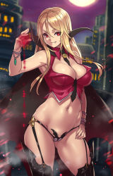 Rule 34 | 1girl, between breasts, black necktie, black panties, blonde hair, blood, breasts, cape, cleavage, cowboy shot, fang, fang out, full moon, garter straps, glowing, glowing blood, groin, hair between eyes, houtengeki, jewelry, large breasts, long hair, looking at viewer, lots of jewelry, moon, navel, necktie, necktie between breasts, night, original, outdoors, panties, red eyes, red moon, revealing clothes, smile, solo, sparkle, thighhighs, undead, underwear, vampire