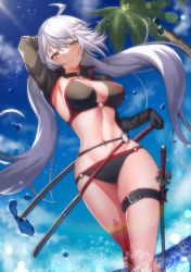 Rule 34 | 1girl, absurdres, ahoge, arm behind head, armpit peek, bikini, black bikini, breasts, cropped jacket, fate/grand order, fate (series), floating hair, hand on hilt, highres, jeanne d&#039;arc alter (swimsuit berserker) (fate), jeanne d&#039;arc (fate), jeanne d&#039;arc alter (fate), jeanne d&#039;arc alter (swimsuit berserker) (fate), large breasts, long hair, looking at viewer, multiple swords, o-ring, o-ring bikini, palm tree, parted lips, reon (dainagon azuki), scabbard, sheath, solo, sunlight, swimsuit, sword, thigh strap, tree, very long hair, wading, water, water drop, weapon, white hair, yellow eyes