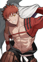 Rule 34 | 1boy, abs, bare pectorals, cape, cowboy shot, emiya shirou, fate/grand order, fate (series), highres, igote, japanese clothes, looking at viewer, male focus, nagatekkou, none (kameko227), one eye closed, pectorals, red hair, senji muramasa (fate), short hair, simple background, single bare shoulder, smile, solo, topless male, white background, white cape, wristband, yellow eyes