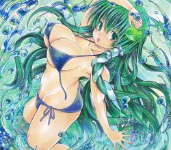 Rule 34 | 1girl, bikini, blush, breasts, cleavage, covered erect nipples, from side, green eyes, green hair, hair ornament, kochiya sanae, large breasts, long hair, looking at viewer, open mouth, sideboob, solo, swimsuit, touhou, twobee, very long hair