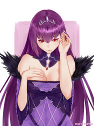 Rule 34 | 1girl, absurdres, blush, breasts, cleavage, dress, fate/grand order, fate (series), feather trim, fur trim, hair between eyes, tucking hair, hand on own chest, headpiece, highres, large breasts, light blush, lips, purple dress, purple hair, red eyes, scathach (fate), scathach skadi (fate), solo, tiara, uthspsk, wide sleeves