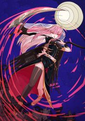 Rule 34 | 1girl, artist name, floating hair, holding, holding scythe, hololive, hololive english, looking down, minxei, moon, mori calliope, nail polish, open hand, over shoulder, paid reward available, pink eyes, pink hair, scythe, single thighhigh, solo, thighhighs, virtual youtuber, watermark