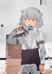 Rule 34 | 1girl, absurdres, alternate costume, arm at side, blurry, blurry background, cevio, collar tug, commentary request, door, double bun, drink pouch, flipped hair, grey hair, grey jacket, gym, hair bun, hair ornament, hairclip, hand up, high collar, highres, indoors, jacket, kabuyama kaigi, koharu rikka, long sleeves, looking to the side, mouth hold, pink eyes, reflective floor, short hair, solo, standing, synthesizer v, uneven eyes