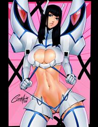 Rule 34 | 1girl, black hair, blue eyes, breasts, cleavage, cosmichentai, gloves, highres, junketsu, kill la kill, kiryuuin satsuki, large breasts, long hair, long sleeves, parted lips, revealing clothes, solo, white gloves, white legwear