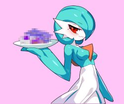 Rule 34 | 1girl, :3, alternate color, blue hair, blue skin, blush, bob cut, breasts, censored, censored food, closed mouth, colored skin, cowboy shot, creatures (company), drunkoak, female focus, food, game freak, gardevoir, gen 3 pokemon, hair over one eye, half-closed eyes, hand up, happy, holding, holding food, holding plate, looking at viewer, medium breasts, mole, mole under eye, mosaic censoring, multicolored skin, nintendo, pink background, plate, pokemon, pokemon (creature), red eyes, shiny pokemon, shiny skin, short hair, simple background, smile, solo, standing, two-tone skin, white skin