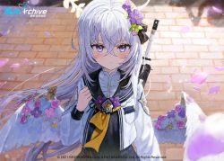 Rule 34 | 1girl, assault rifle, azusa (blue archive), black sailor collar, blue archive, blush, brick floor, closed mouth, crossed bangs, flower, green flower, gun, hair between eyes, hair flower, hair ornament, halo, leaf, logo, long hair, long sleeves, looking at viewer, m4 carbine, official art, petals, pink flower, purple eyes, purple flower, rifle, sailor collar, school uniform, solo, sonchi, very long hair, weapon, white hair, wings