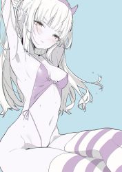 Rule 34 | 1girl, aqua background, areola slip, arms up, bikini, blush, breasts, closed mouth, commentary request, fake horns, final fantasy, final fantasy xiv, highres, horns, kaede (sayappa), long hair, looking at viewer, one-piece swimsuit, pointy ears, purple bikini, simple background, small breasts, solo, striped clothes, striped thighhighs, swimsuit, thighhighs, warrior of light (ff14)