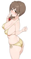 Rule 34 | 1girl, :o, absurdres, ass, bikini, braid, braided ponytail, breasts, brown hair, cleavage, commentary request, gold bikini, hair ornament, hair over shoulder, hair scrunchie, halterneck, hands up, highres, idolmaster, idolmaster cinderella girls, large breasts, long hair, looking at viewer, onao, red eyes, scrunchie, senkawa chihiro, side-tie bikini bottom, simple background, solo, swimsuit, white background