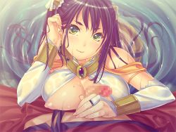 Rule 34 | 1boy, 1girl, afloat, bare shoulders, breasts, bubuzuke, censored, earrings, flaccid, from above, game cg, green eyes, hand on own face, jewelry, lamia hygieia, large breasts, long hair, looking at viewer, looking up, mamonomusume to no seikatsu, mamonomusume to no seikatsu ~ramia no baai~, monster girl, mosaic censoring, outdoors, partially submerged, penis, penis grab, pond, purple hair, ripples, swimming, twintails