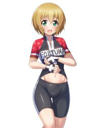 Rule 34 | 1girl, alfort (may0508), bike jersey, bike shorts, blush, clothes lift, fingerless gloves, gloves, green eyes, hair between eyes, highres, kurata ami, lifted by self, long riders!, looking at viewer, navel, open mouth, shirt lift, short hair, short sleeves, simple background, smile, solo, stomach, sweat, white background, zipper pull tab