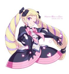 Rule 34 | 1girl, black bow, black gloves, blonde hair, bow, closed mouth, dated, dress, earrings, elise (fire emblem), fire emblem, fire emblem fates, gloves, hair bow, happy birthday, heart, hiyori (rindou66), jewelry, long hair, multicolored hair, nintendo, one eye closed, pink bow, purple eyes, purple hair, simple background, smile, solo, twintails, white background