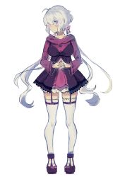 Rule 34 | 1girl, aisutabetao, full body, highres, long hair, looking at viewer, own hands together, pout, purple eyes, senki zesshou symphogear, simple background, solo, tachi-e, thighhighs, white background, white hair, yukine chris