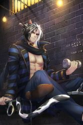 Rule 34 | 1boy, abs, animal ears, black hair, blackat (saibai shounen), cat boy, cat ears, cat tail, cuffs, dumbbell, handcuffs, highres, hwang bo, looking at viewer, male focus, multicolored hair, muscular, muscular male, official art, prison, prison cell, saibai shounen, second-party source, solo, tail, white hair